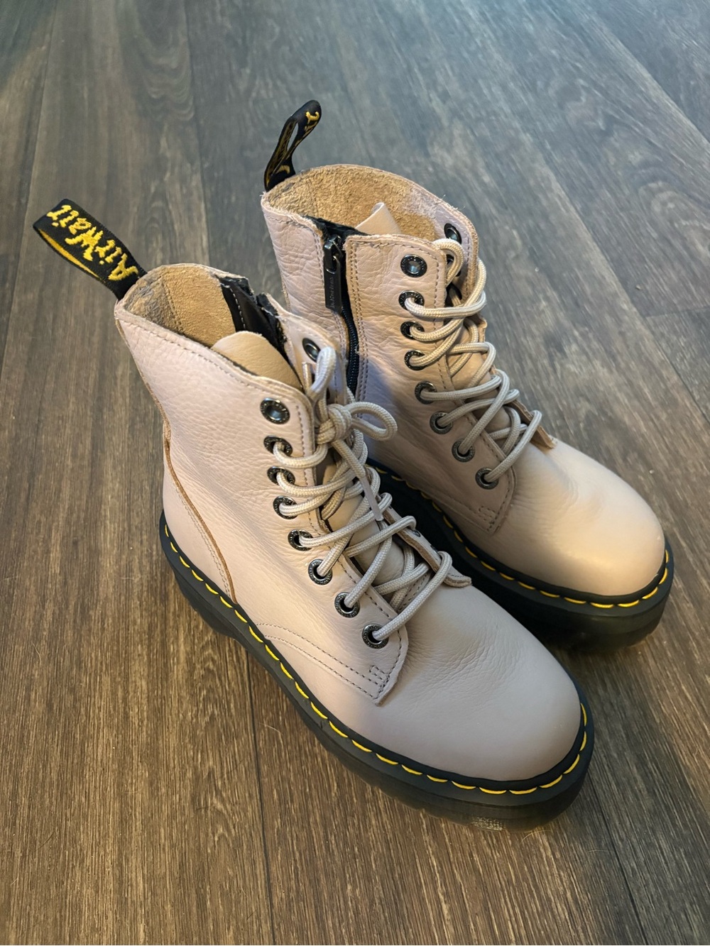 Dr. Martens Beige Leather Lace-Up Combat Boots with Yellow Stitching